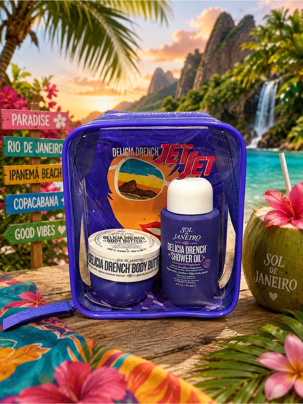 Sol de Janeiro Delicia Drench 3-Pc Set Body Butter Shower Oil Travel Pouch NWT